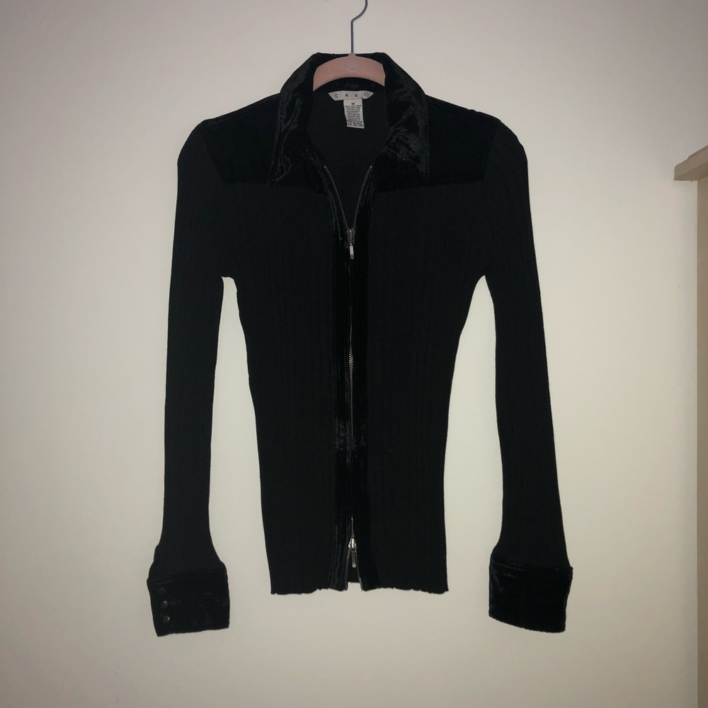 Cabi Velvet and Ribbnet Fitted Double Zip Top